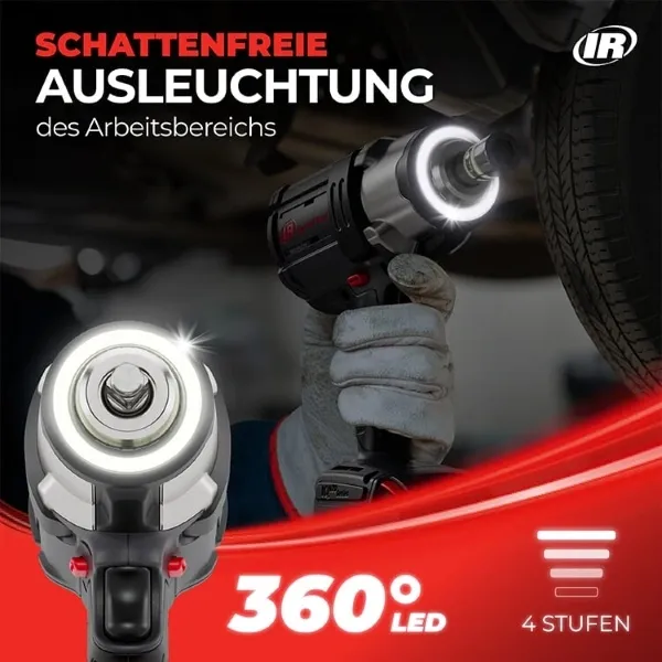 Amazon-Infografik für Schlagschrauber mit schattenfreier 360-Grad-LED-Ausleuchtung und 4 Helligkeitsstufen
