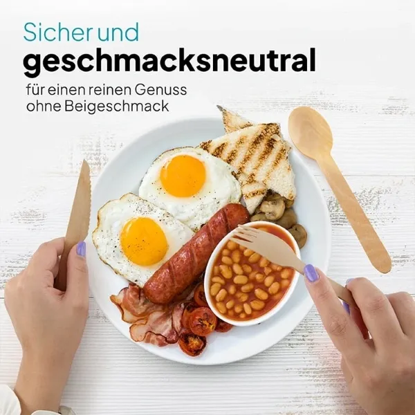 Amazon-Infografik für lebensmittelechtes Holzbesteck serviert zu einem herzhaften Frühstücksteller
