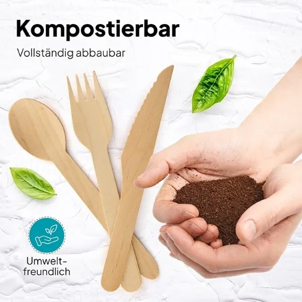 Amazon-Infografik für 100 % kompostierbares Holzbesteck mit Pflanzenerde zur Betonung der Umweltverträglichkeit