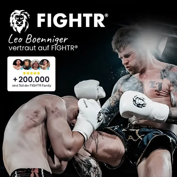Amazon-Markengrafik für FIGHTR Boxhandschuhe mit Social-Proof-Elementen und Community-Reichweite im Kampfsport