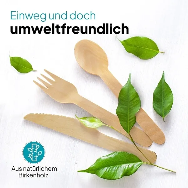 Amazon-Infografik für nachhaltiges Einwegbesteck aus Holz mit Fokus auf Umweltfreundlichkeit und biologische Abbaubarkeit