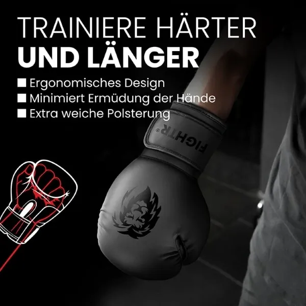 Amazon-Infografik für FIGHTR Boxhandschuhe mit extra weicher Polsterung zur Vermeidung von Ermüdung der Hände