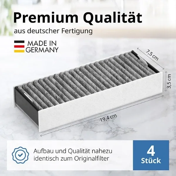 Amazon-Produktgrafik für Aktivkohlefilter im 4er-Pack mit Kennzeichnung für Premium-Qualität aus deutscher Fertigung