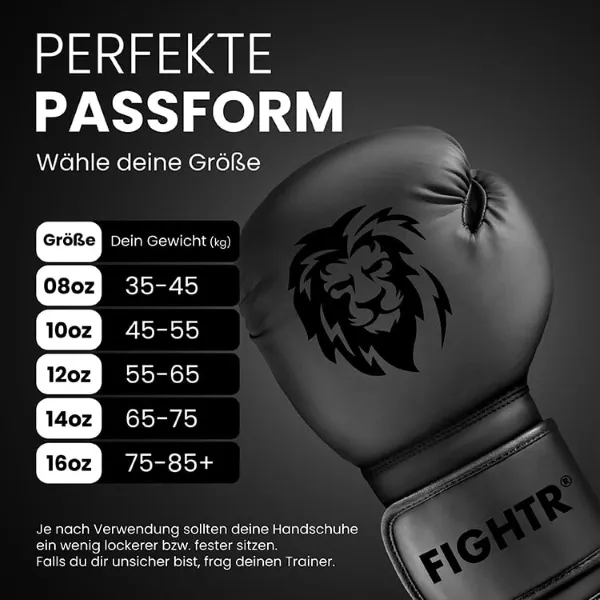 Amazon-Größentabelle und Passform-Infografik für FIGHTR Boxhandschuhe nach Unzen (oz) und Körpergewicht