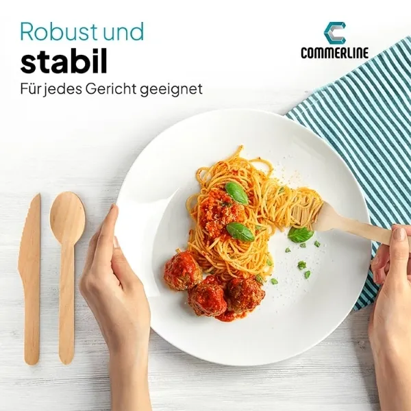 Amazon-Produktgrafik für stabiles Holzbesteck im Einsatz bei warmen Speisen und Pasta