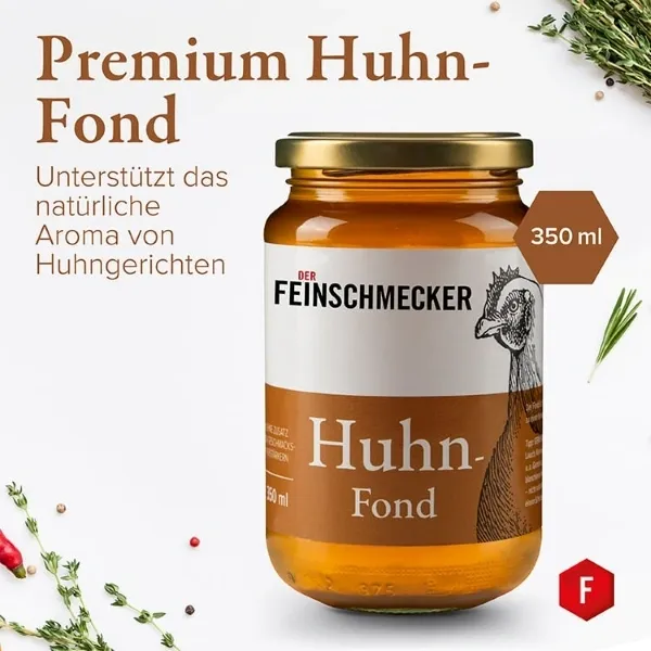 Amazon-Produktgrafik für Premium Huhn-Fond im Glas für Feinschmecker und traditionelle Geflügelgerichte