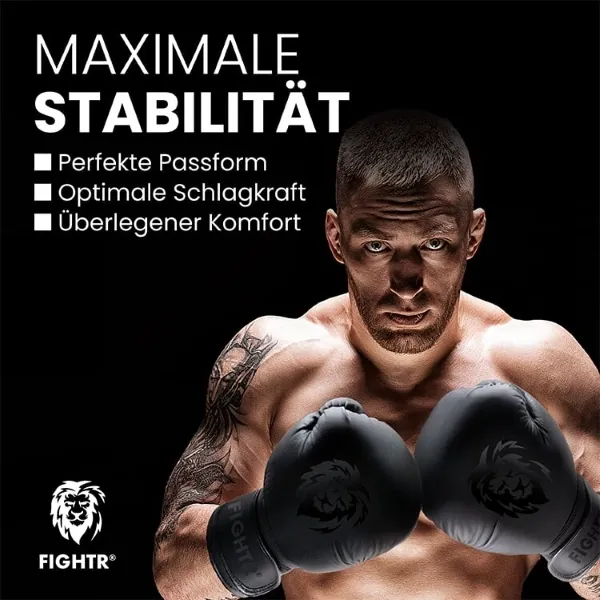 Amazon-Infografik für FIGHTR Boxhandschuhe mit Fokus auf maximale Handgelenk-Stabilität und Schutz beim Training