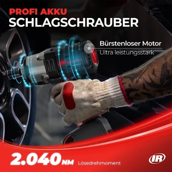 Amazon-Infografik für Akku-Schlagschrauber mit 2.040 Nm Drehmoment und bürstenlosem Motor im Werkstatteinsatz