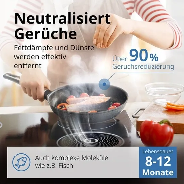 Amazon-Infografik zu Dunstabzugshauben-Filter zeigt bis zu 90 % Geruchsneutralisierung beim Kochen