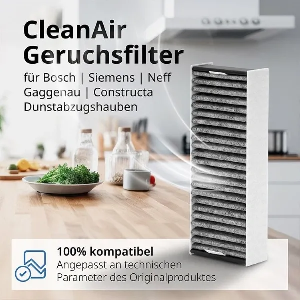 Amazon-Infografik für CleanAir Geruchsfilter passend für Dunstabzugshauben von Bosch, Siemens und Neff